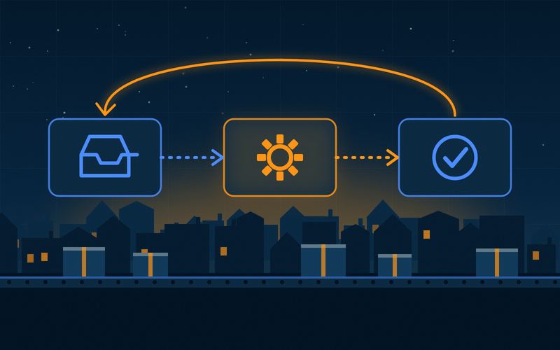 Illustration of a three-step workflow loop, from input to process to done, above a neighbourhood at night.