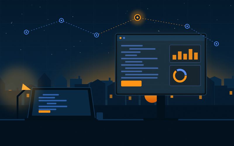 Illustration of software dashboards on a desk in front of a night-time neighbourhood, with a network of connected points above.