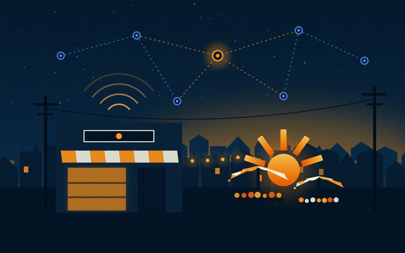 Illustration of a small shop and market stalls at night, with a signal and a network of connected points above.